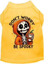 Yellow Don't Worry, Be Spooky Halloween pet shirt with skeleton print