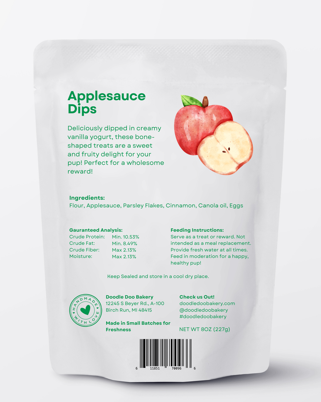 Apple-shaped Doodle Doo dog biscuits with a vanilla yogurt coating, made with applesauce and cinnamon