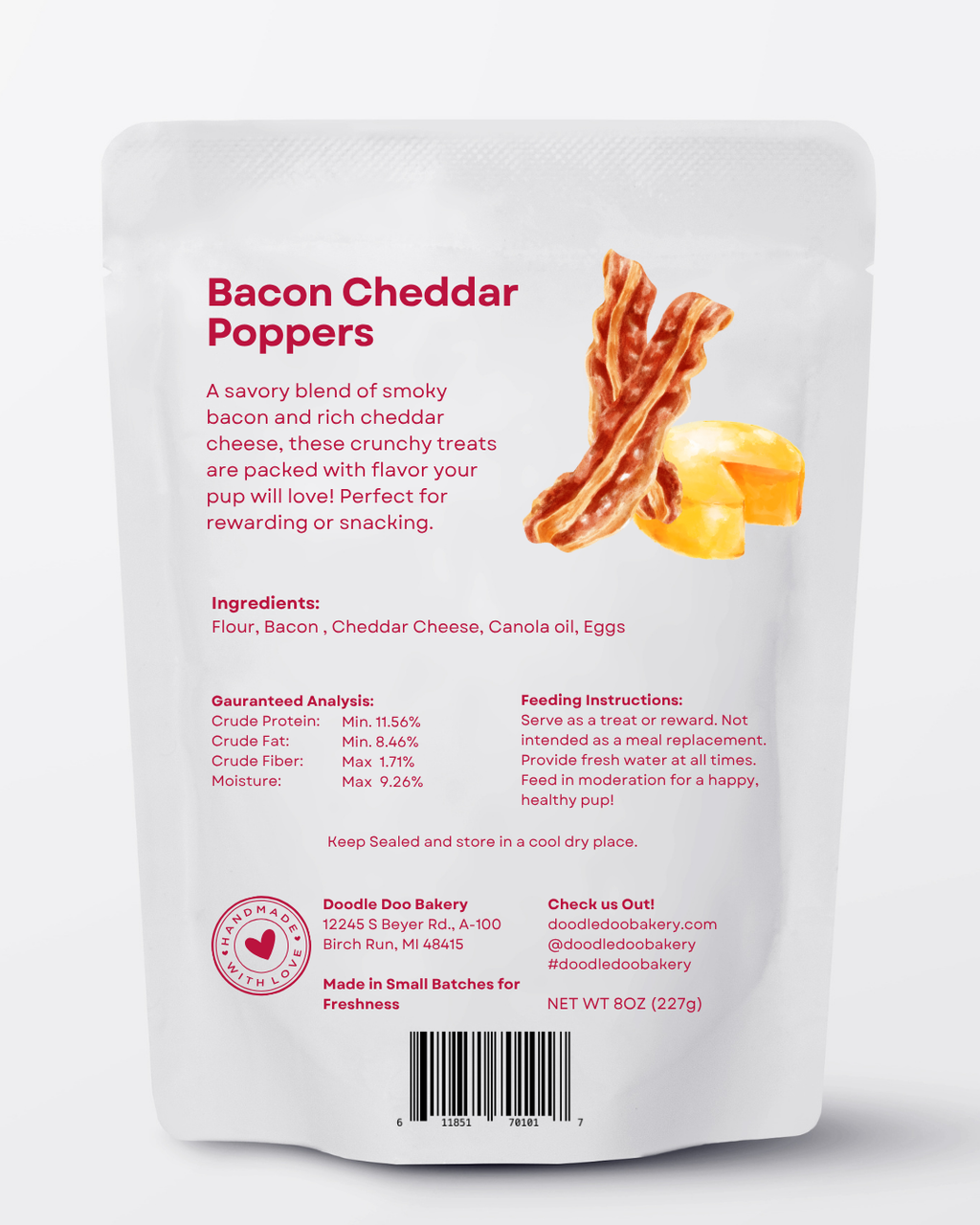 Bacon Cheddar Poppers by Doodle Doo, handmade dog treats with real cheddar cheese, sold by the half pound