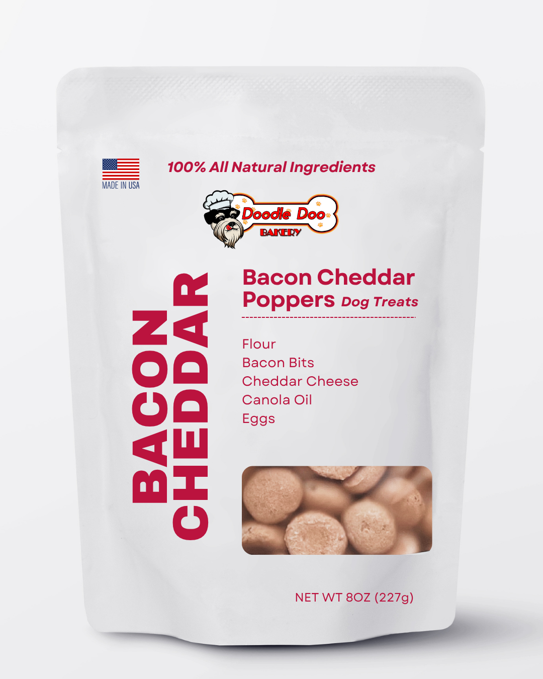 Doodle Doo Bakery Bacon Cheddar Poppers, crunchy oven-baked dog treats made with real bacon