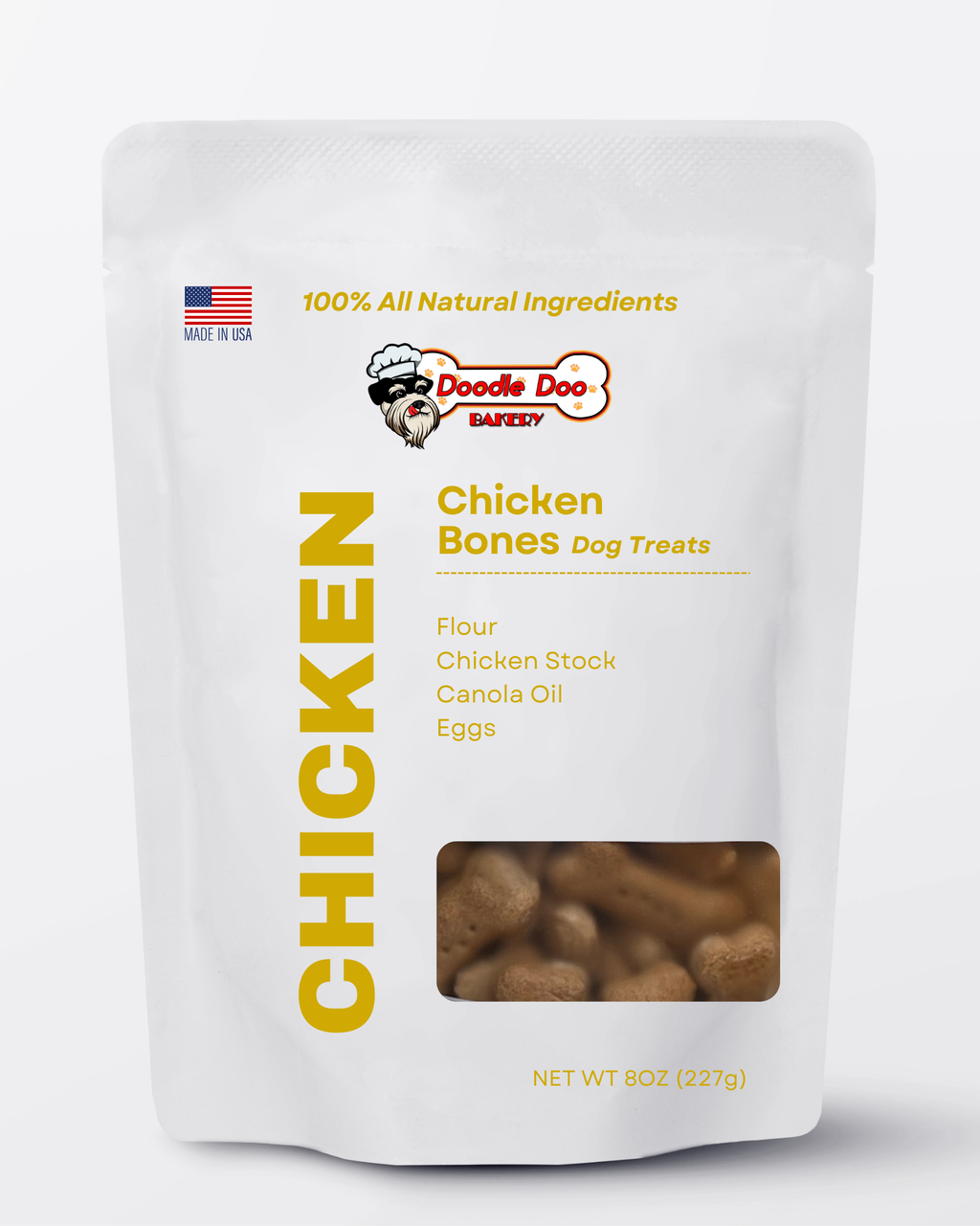 Doodle Doo Bakery chicken dog treats, crunchy handmade bites with real chicken listed first