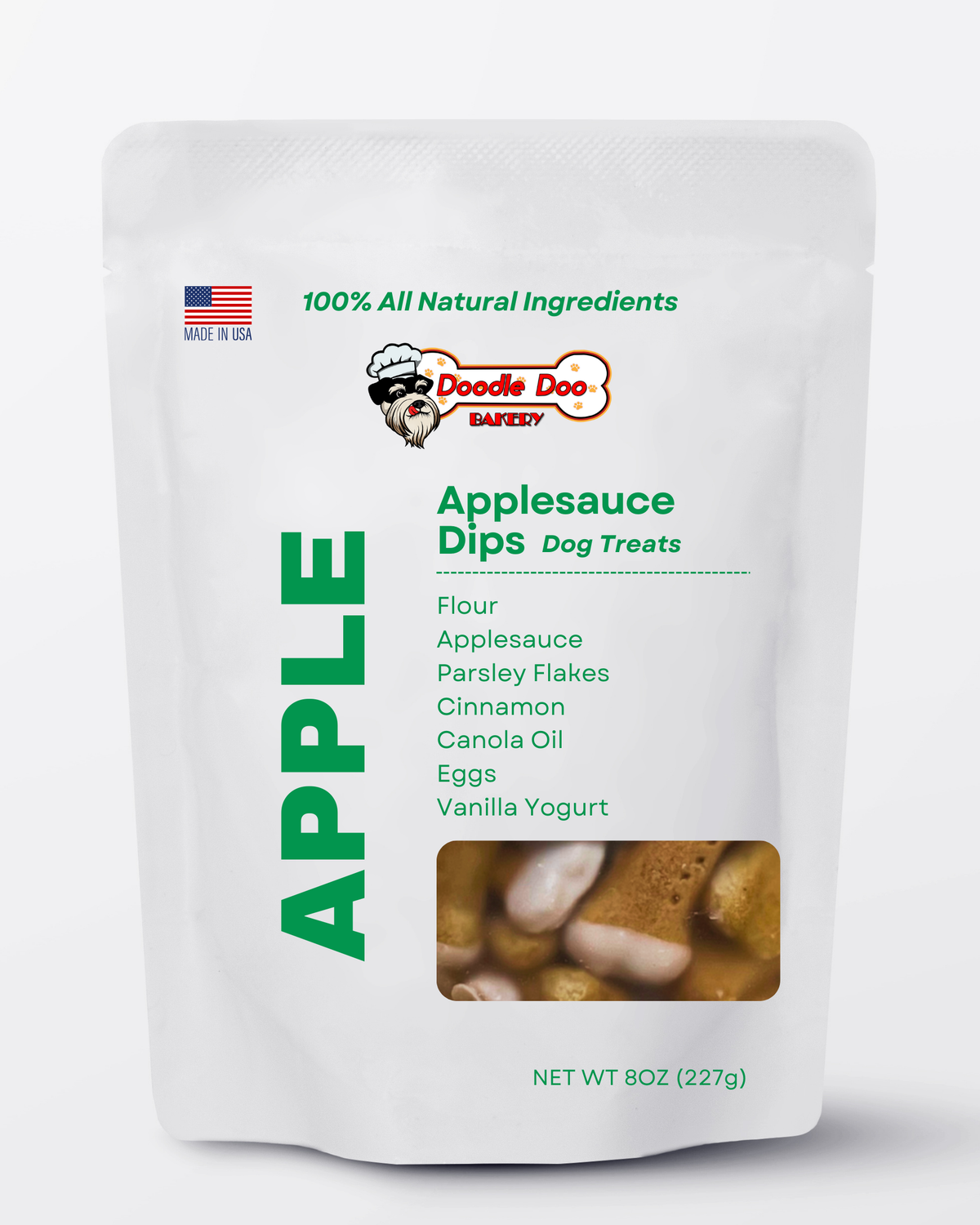 Doodle Doo Bakery yogurt-dipped applesauce dog biscuits, a crunchy handmade treat sold by the half pound