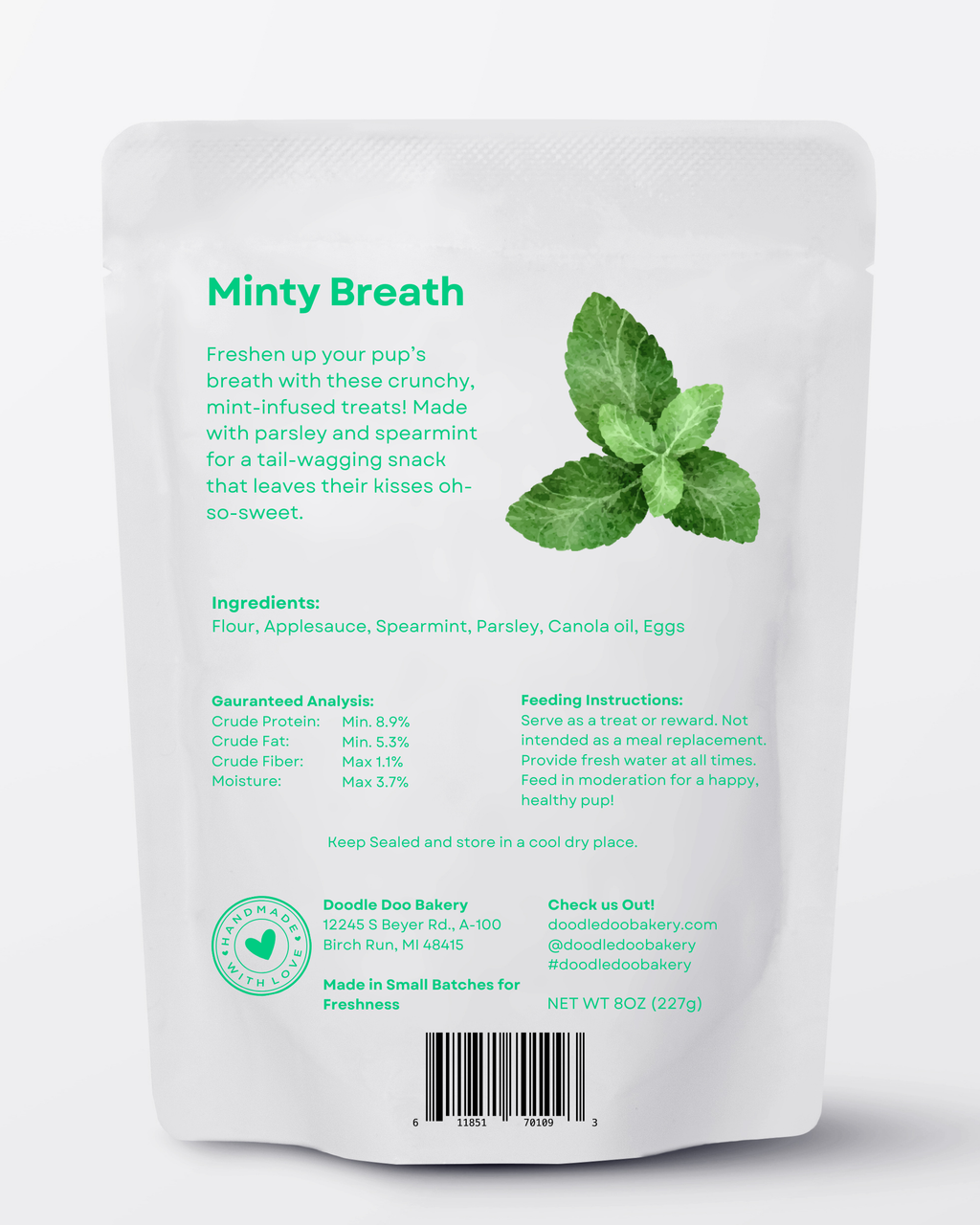 Minty Breath Blend from Doodle Doo, sold by the half pound, dog treats that help support fresher breath