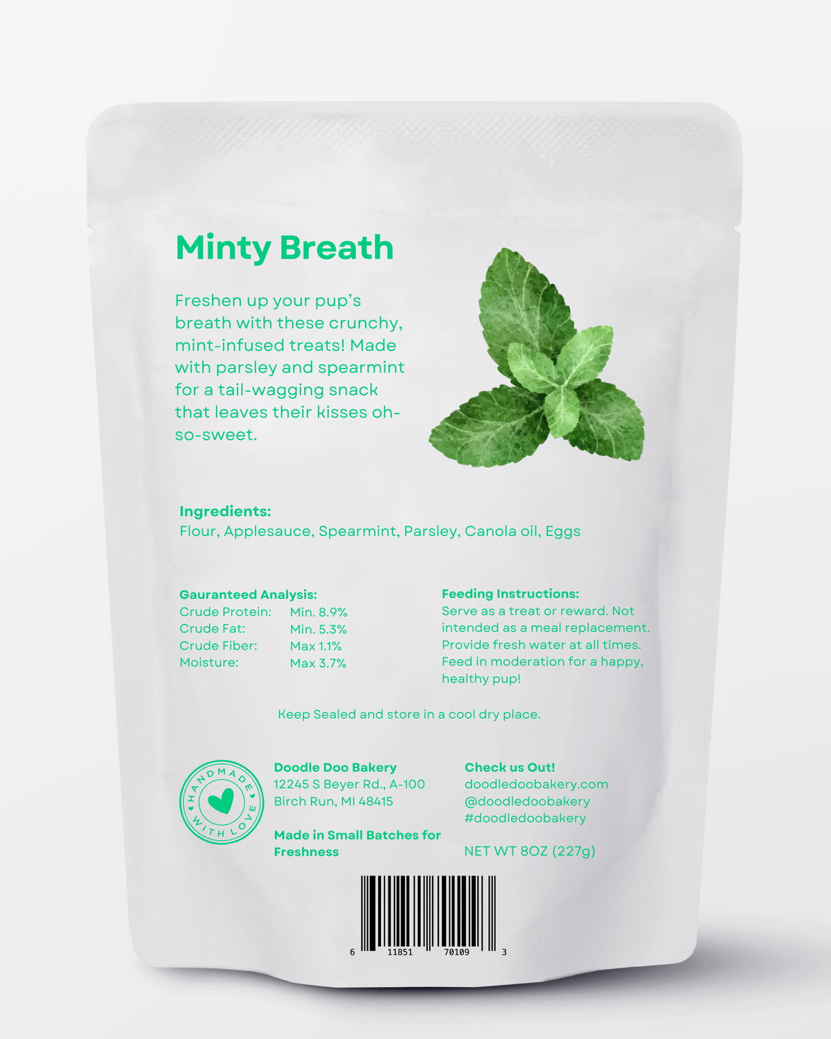 Minty Breath Blend from Doodle Doo, sold by the half pound, dog treats that help support fresher breath