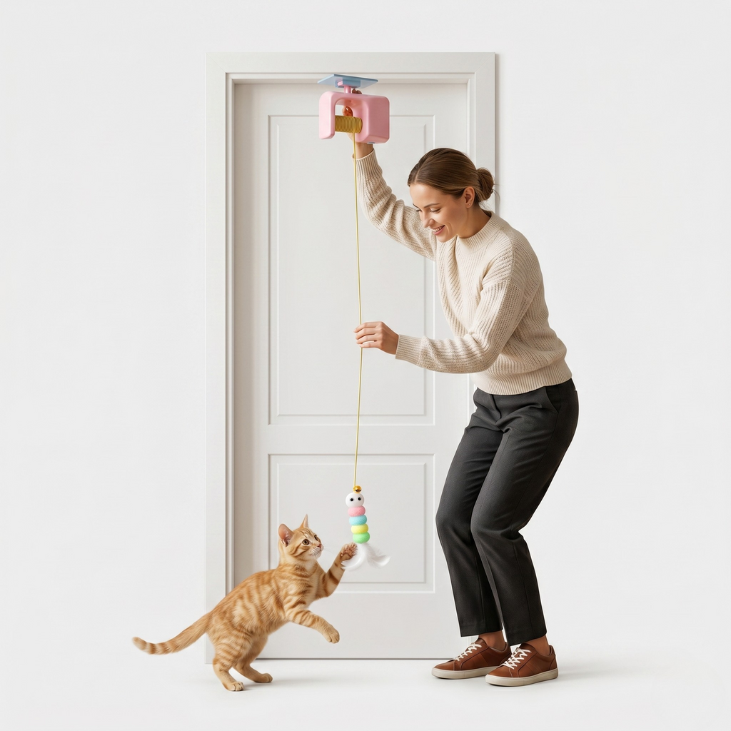Door-hanging feather cat toy with an electric motor for cats that ignore floor toys