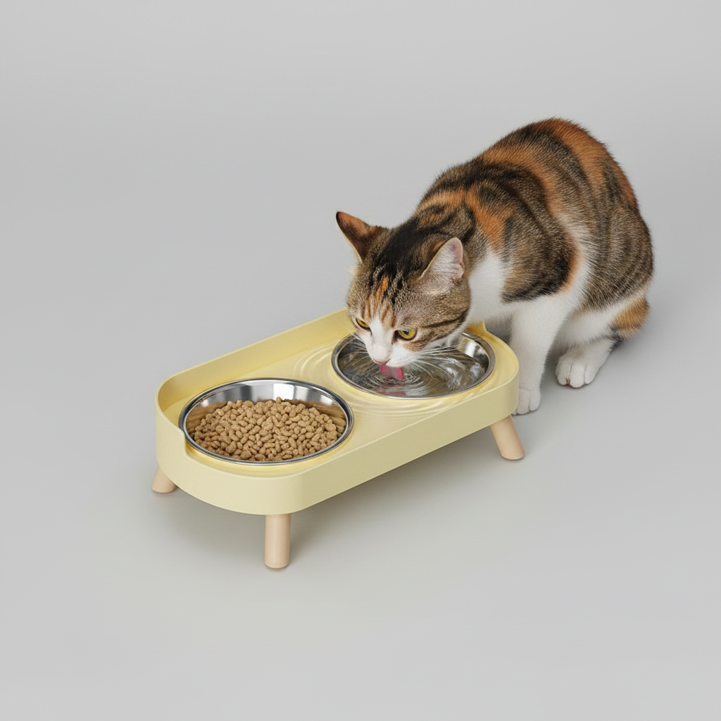 Elevated cat feeder with two removable bowls on one raised base