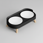 Classic black elevated double bowl feeder with two plastic bowls side by side on one stable raised stand