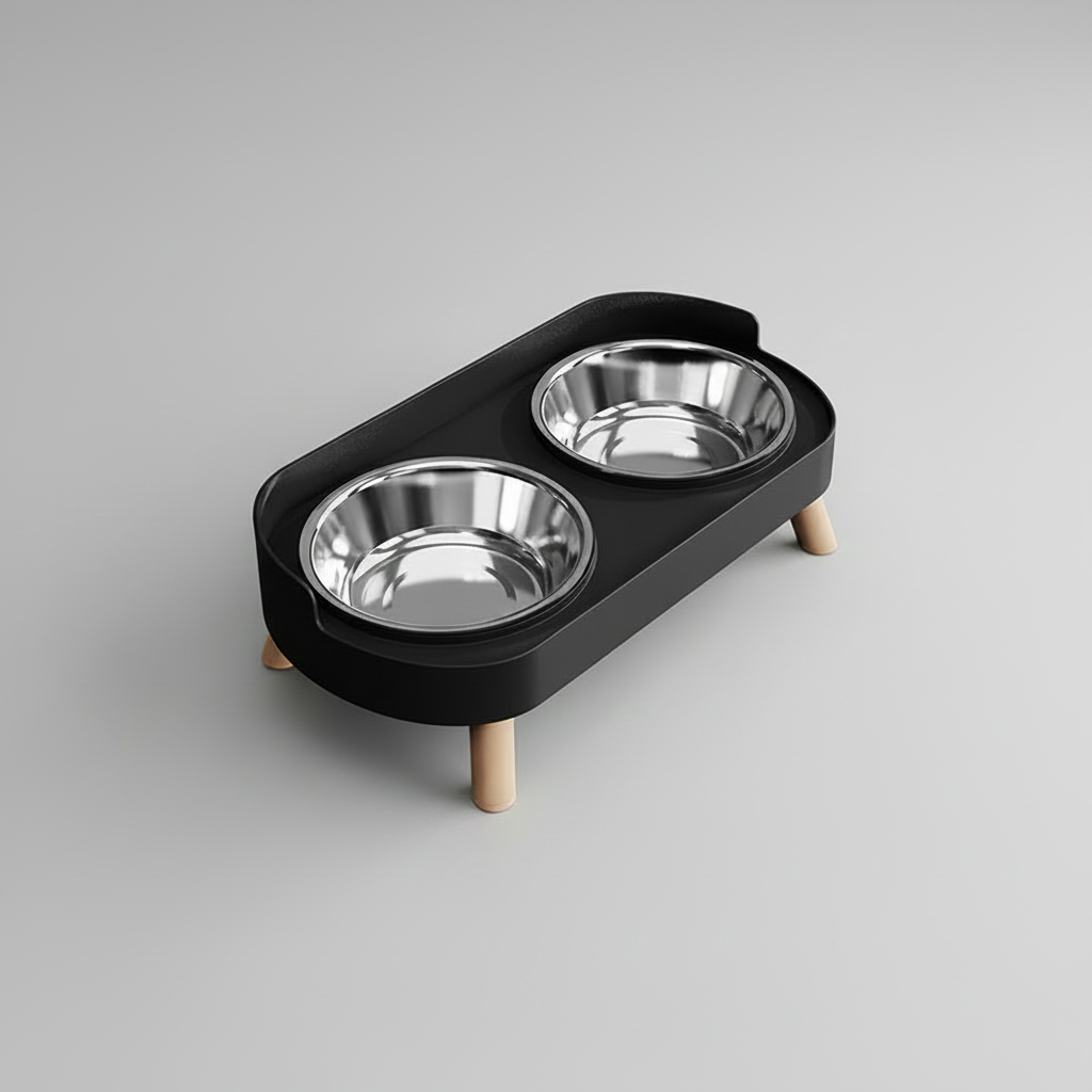 Classic black elevated double bowl feeder with two stainless steel bowls side by side on one stable raised stand