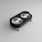 Classic black elevated double bowl feeder with two stainless steel bowls side by side on one stable raised stand