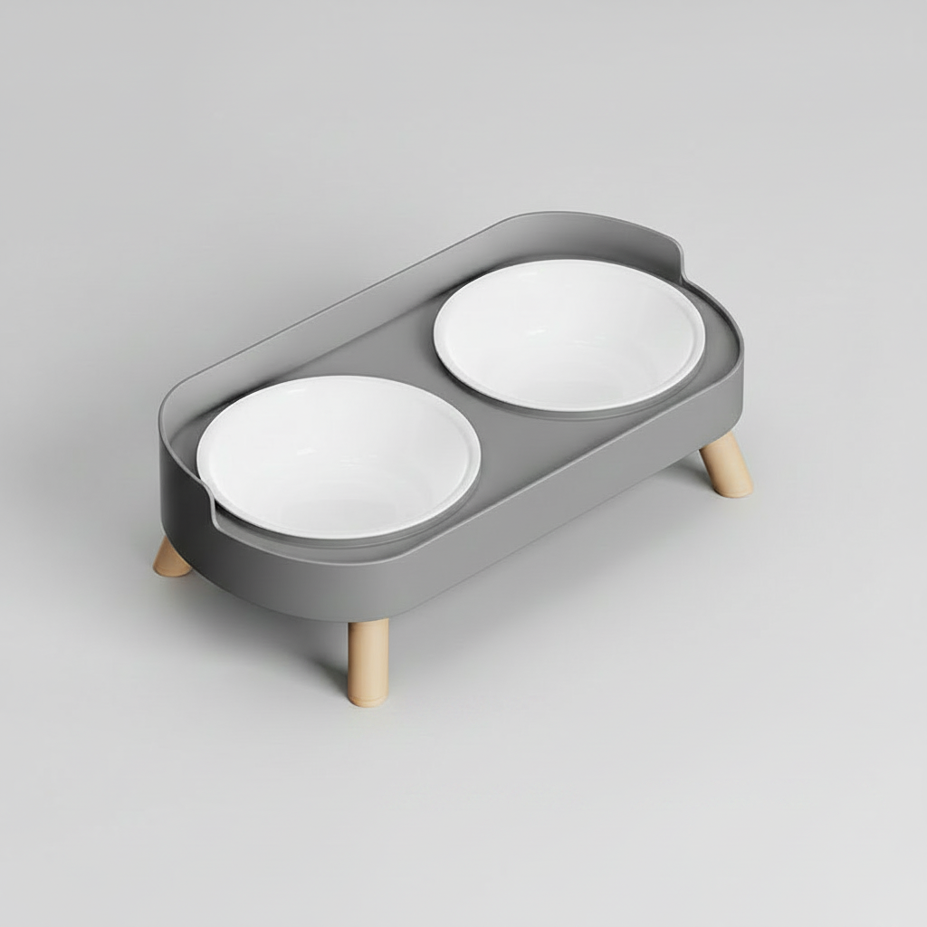 Minimalist gray elevated double bowl feeder with two plastic bowls that lift out of the stand for washing