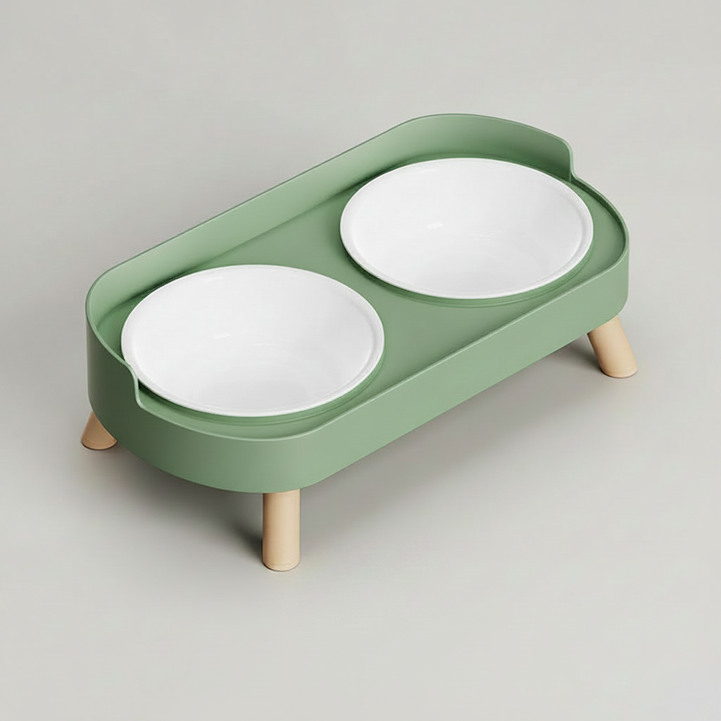 Avocado green elevated double bowl feeder with two plastic bowls on a raised ABS base for food and water