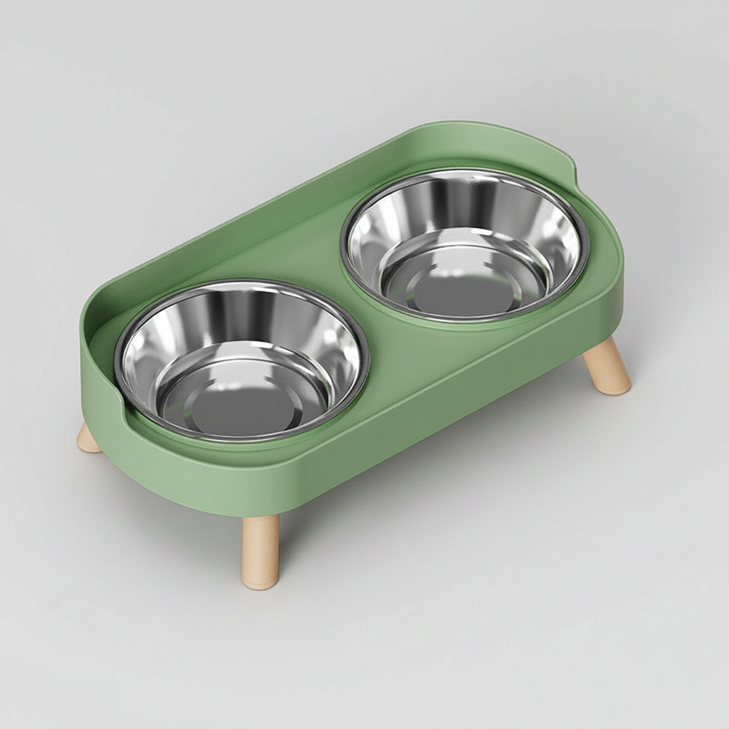 Avocado green elevated double bowl feeder with two stainless steel bowls on a raised ABS base for food and water