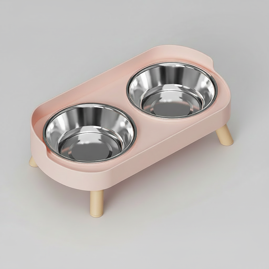Cherry blossom pink elevated double bowl feeder with two stainless steel bowls on a raised ABS base for food and water