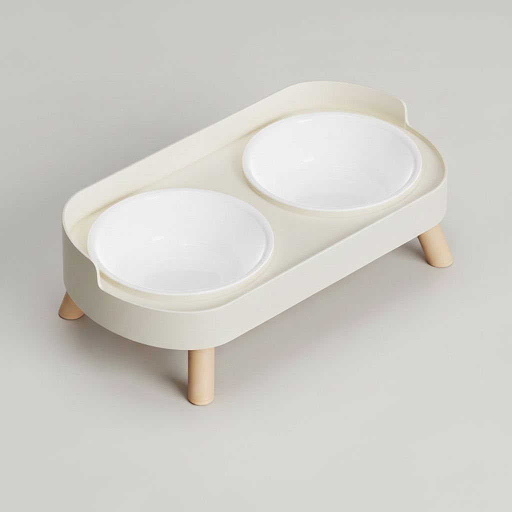 Ivory white elevated double bowl feeder with two plastic bowls side by side on one stable raised stand