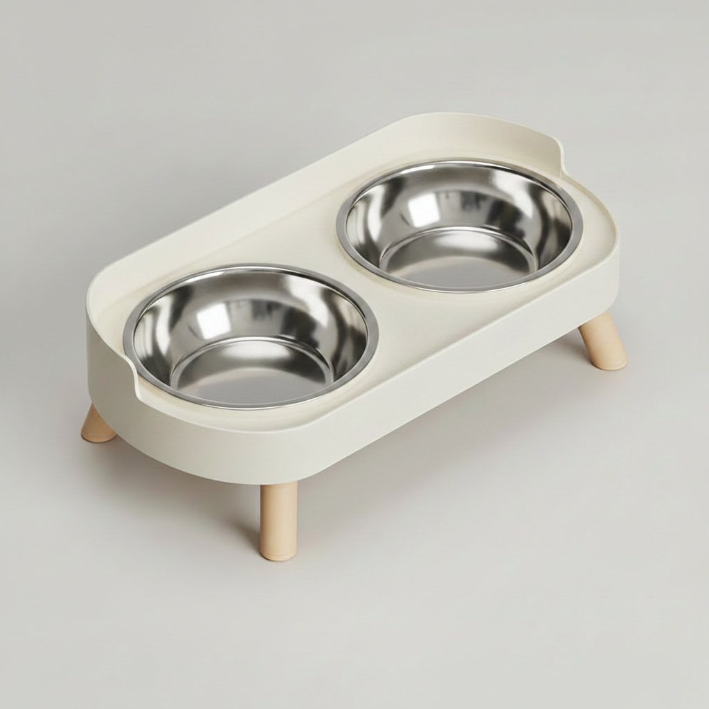 Ivory white elevated double bowl feeder with two stainless steel bowls side by side on one stable raised stand