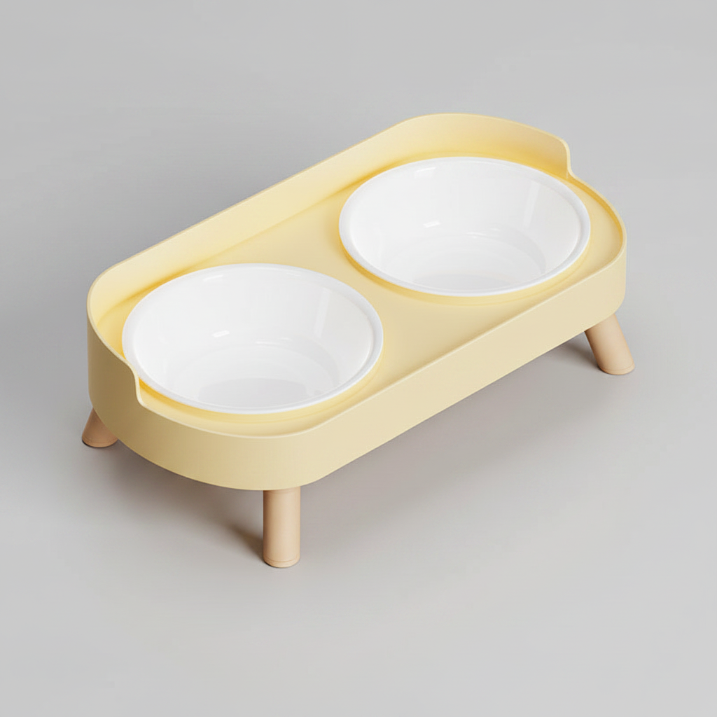 Lemon yellow elevated double bowl feeder with two plastic bowls that lift out of the stand for washing