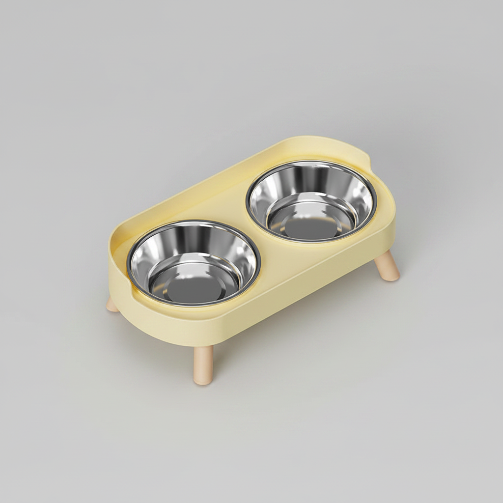 Lemon yellow elevated double bowl feeder with two stainless steel bowls that lift out of the stand for washing