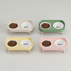 Elevated dual-bowl feeding station for cats and small dogs with food and water side by side