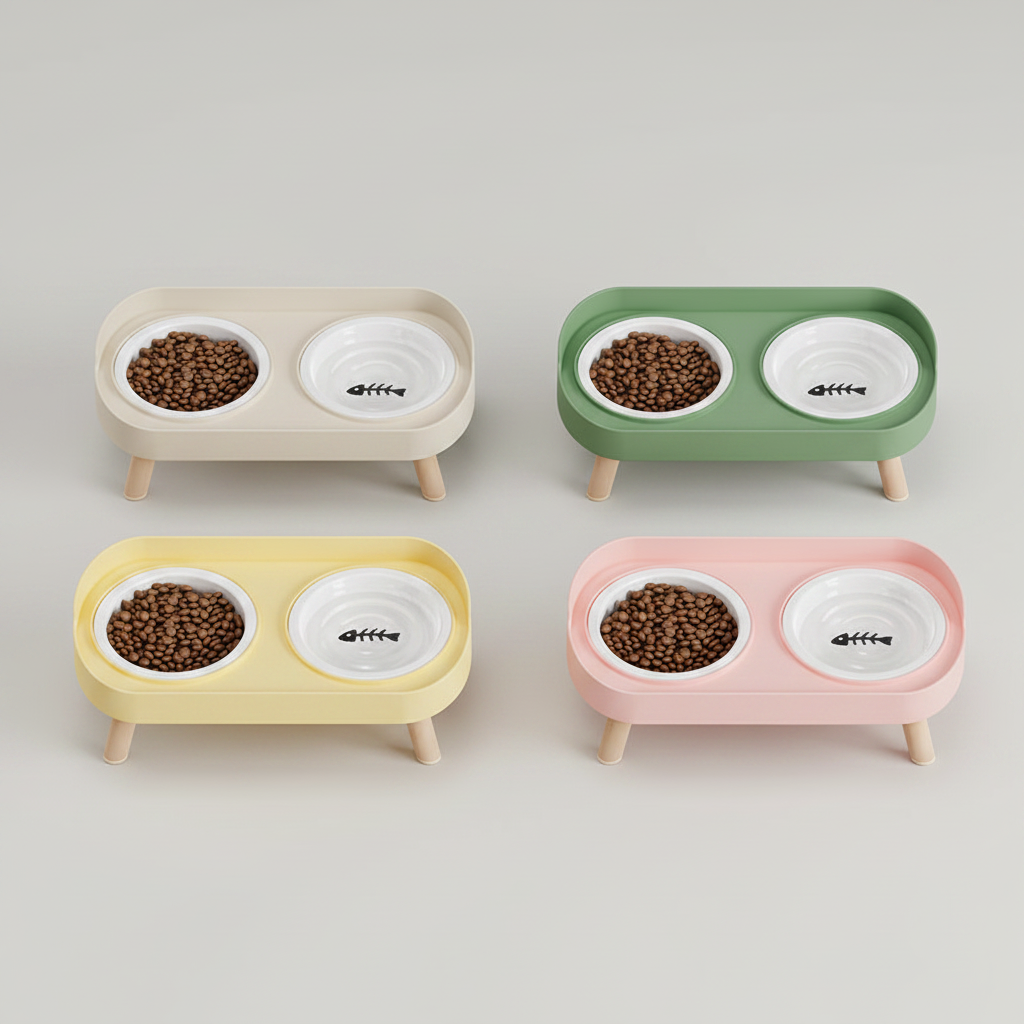 Elevated dual-bowl feeding station for cats and small dogs with food and water side by side