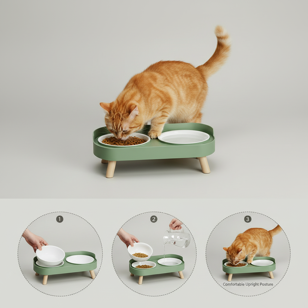 Elevated two-bowl pet feeder with a weighted base that resists sliding across the floor