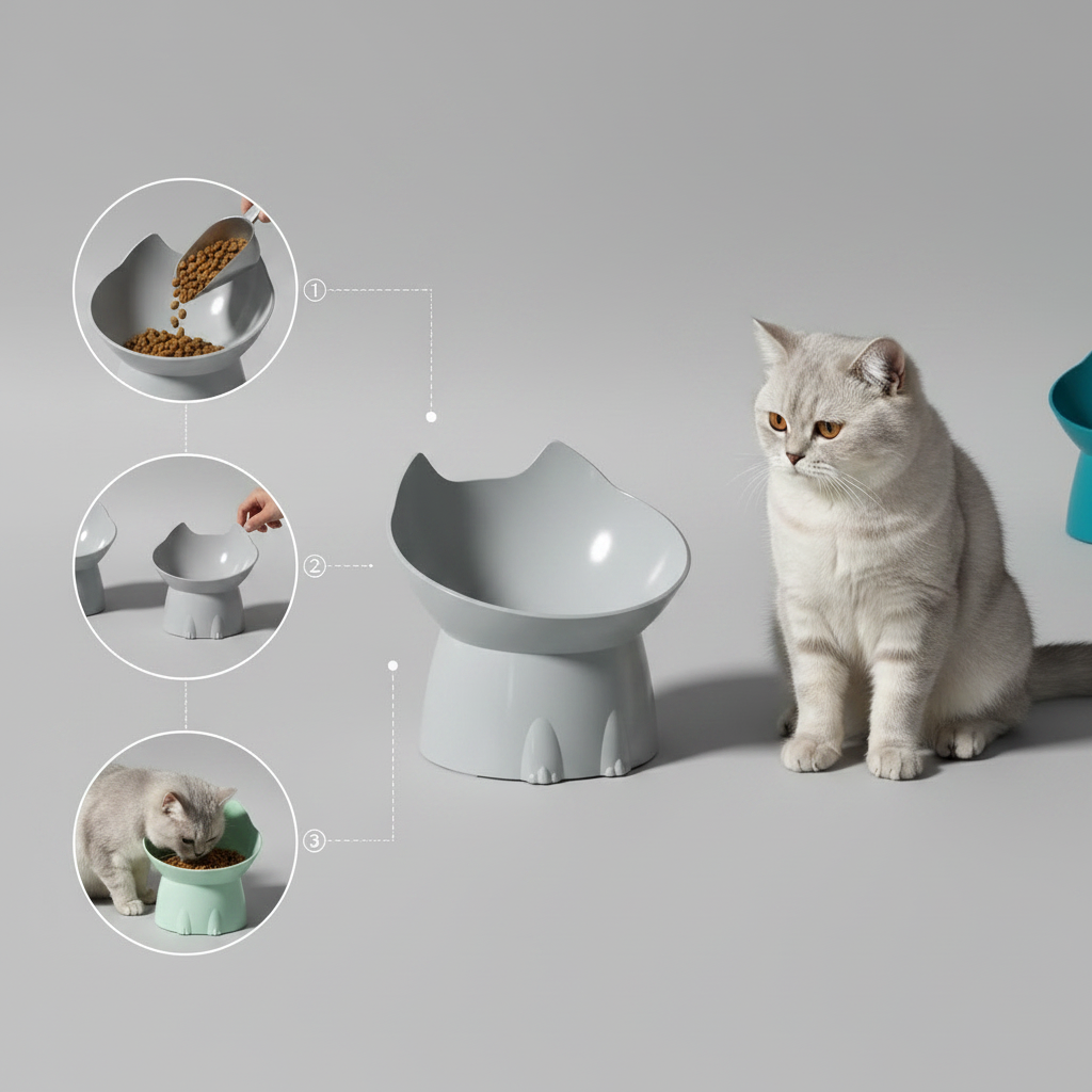 Ergonomic tilted cat feeder bowl on a raised base so pets bend less while eating