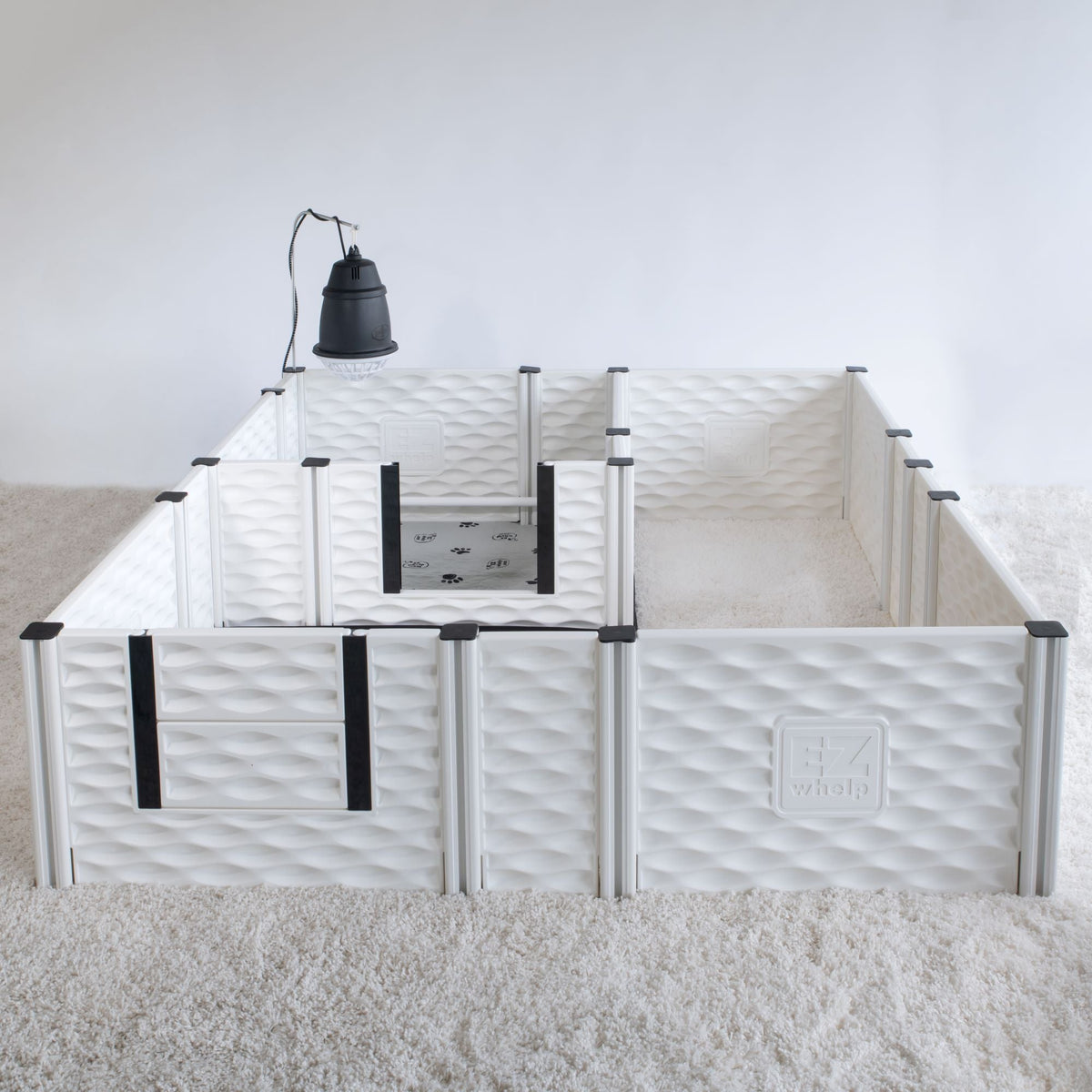 EZwhelp EZclassic Play Yard Set layout: a 38 x 38 whelping box in one corner with an L-shaped play area