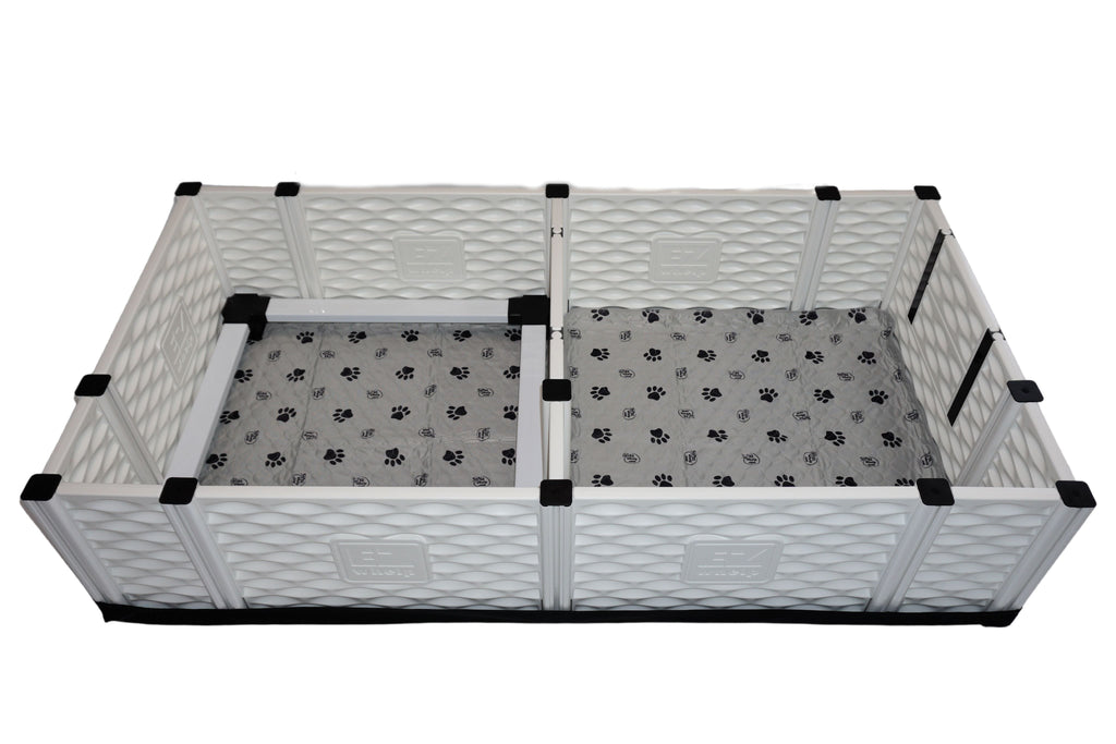 EZwhelp EZclassic Pro Set in the 38 x 38 x 18 inch size, with combo liner and puppy feeding station
