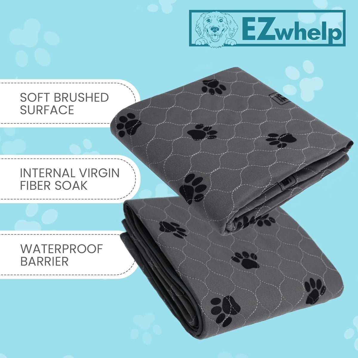 Heavy-absorbency EZwhelp pad with a waterproof shield that protects beds, sofas and floors