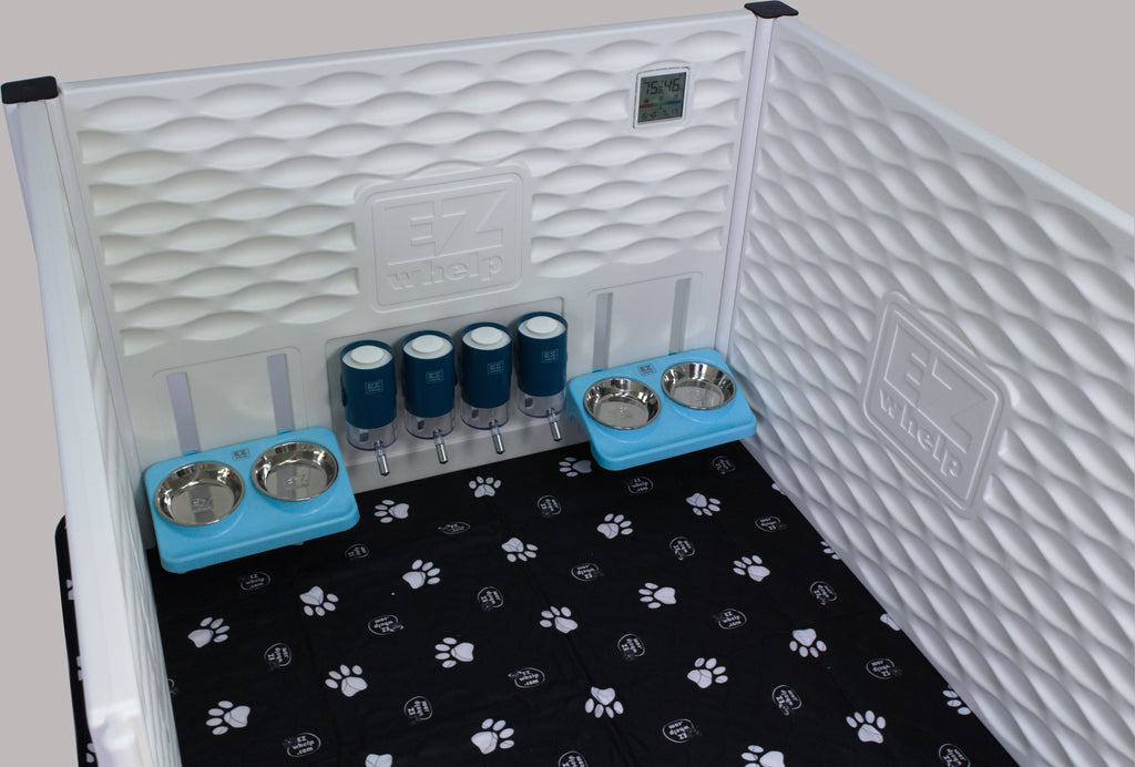 Whelping box panel from EZwhelp with 4 water stations and 2 dual bowl food dishes