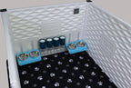 Whelping box panel from EZwhelp with 4 water stations and 2 dual bowl food dishes