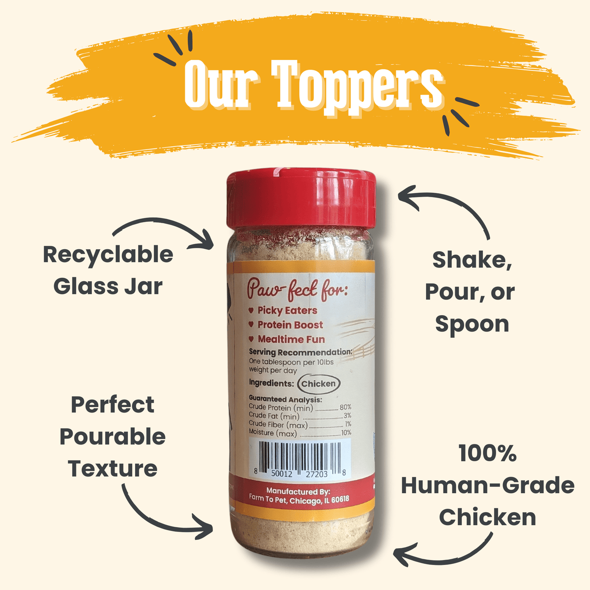 Back of the Farm to Pet Chicken Treat Topper jar, a meal enhancer for dog and cat food
