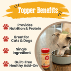 Benefits graphic for Farm to Pet Chicken Treat Topper, 80% minimum protein chicken powder