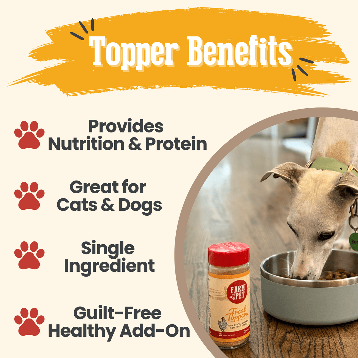 Benefits graphic for Farm to Pet Chicken Treat Topper, 80% minimum protein chicken powder