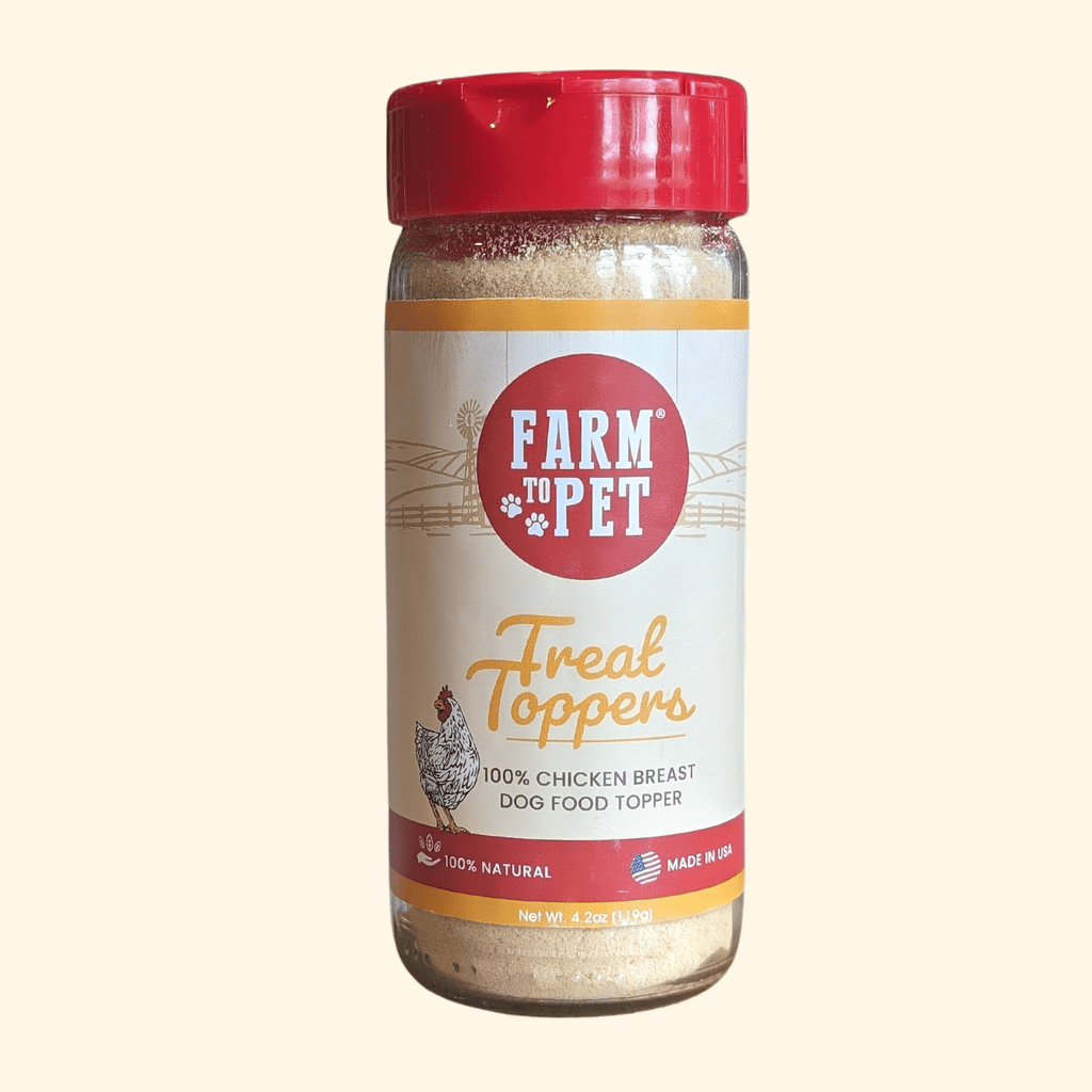 Front of the 4.7 oz Farm to Pet Chicken Treat Topper jar, a chicken breast dog food topper