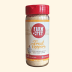 Front of the 4.7 oz Farm to Pet Chicken Treat Topper jar, a chicken breast dog food topper