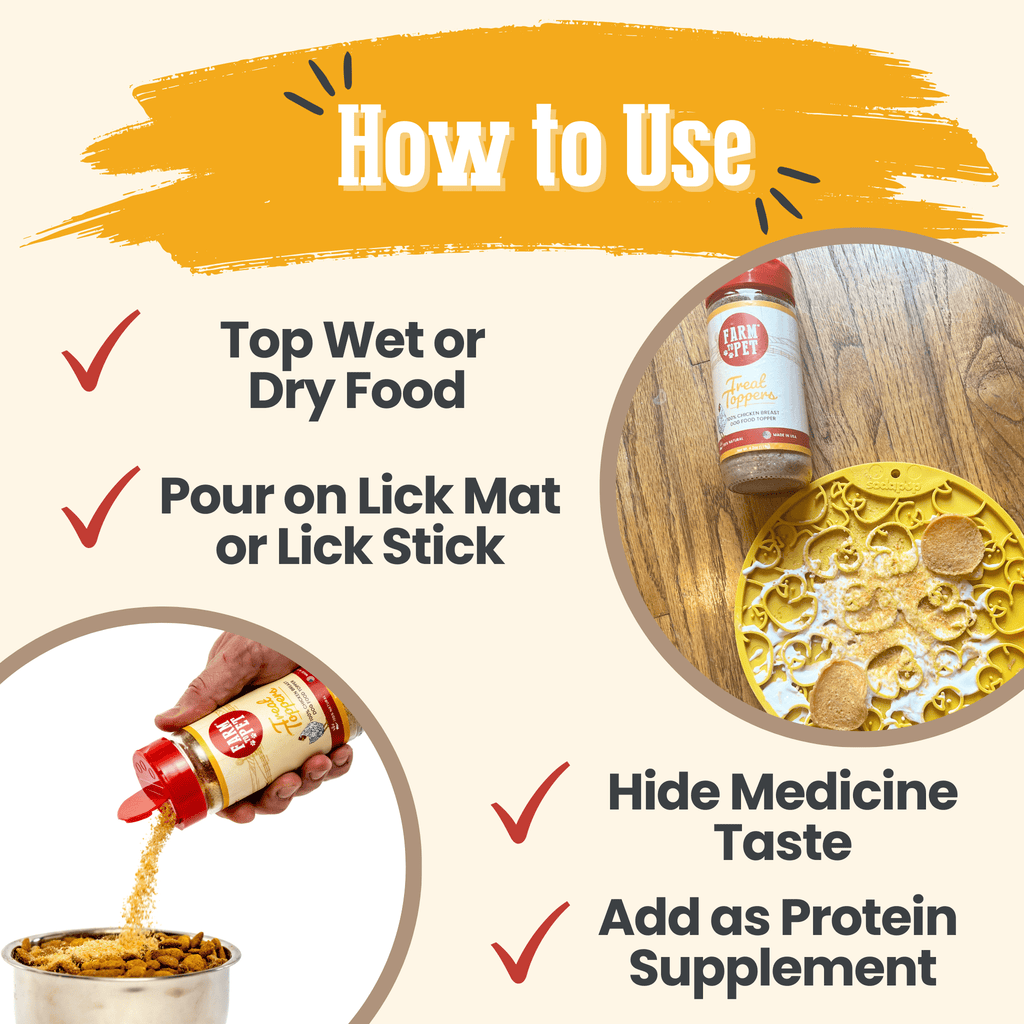 How-to-use graphic for Farm to Pet Chicken Treat Topper on kibble, wet food and lick mats
