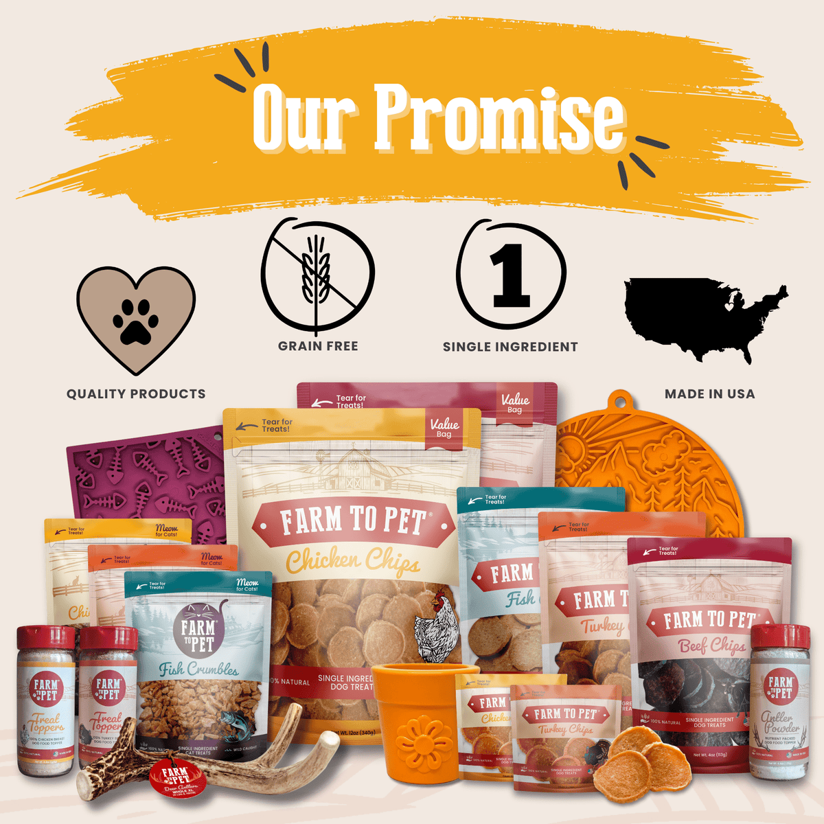 Our Promise graphic from Farm to Pet, shown on the Chicken Treat Topper listing
