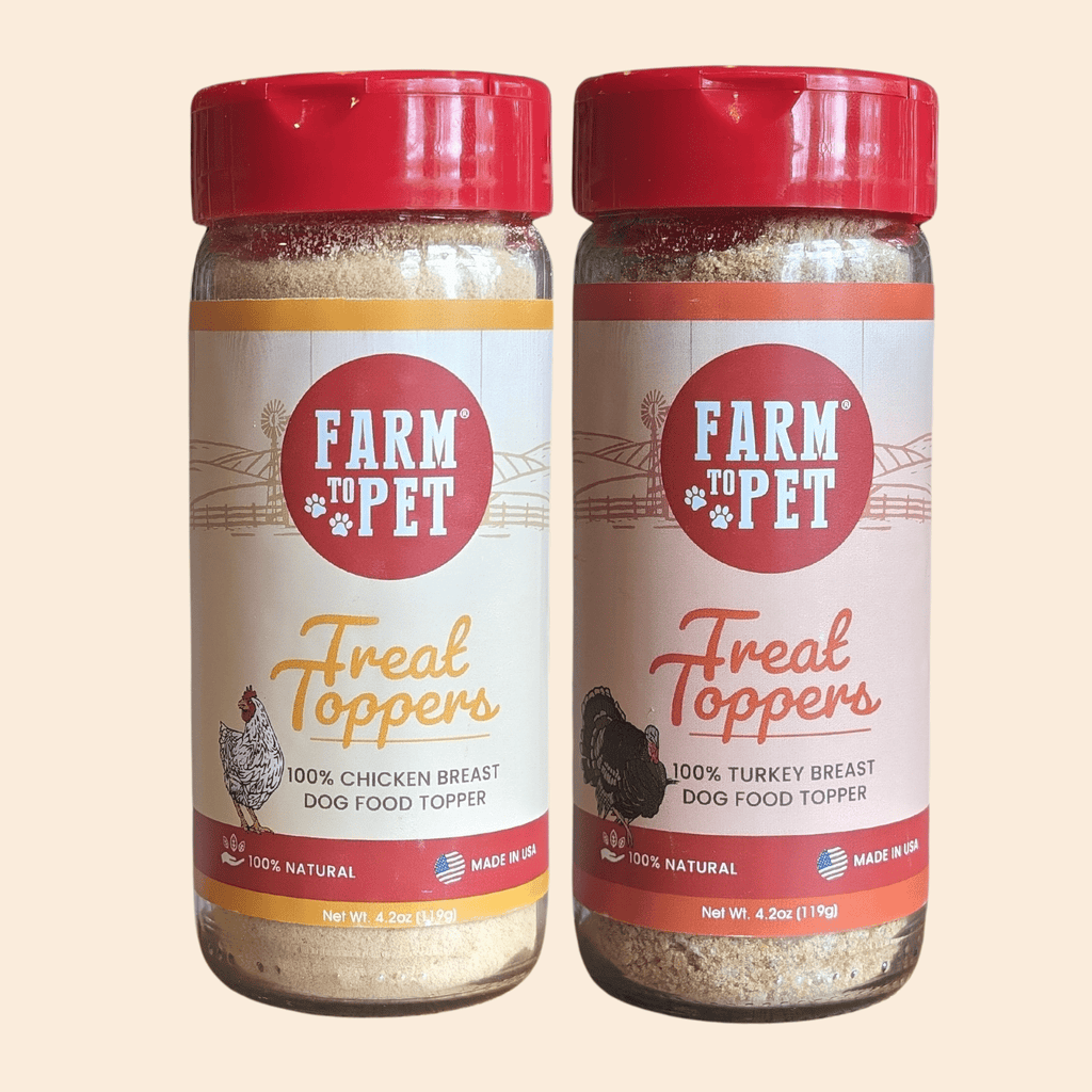 Front of the Farm to Pet chicken and turkey Treat Toppers, high-protein powders for dog food