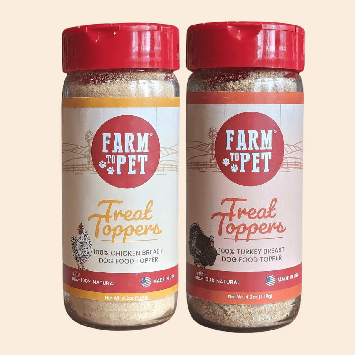 Front of the Farm to Pet chicken and turkey Treat Toppers, high-protein powders for dog food