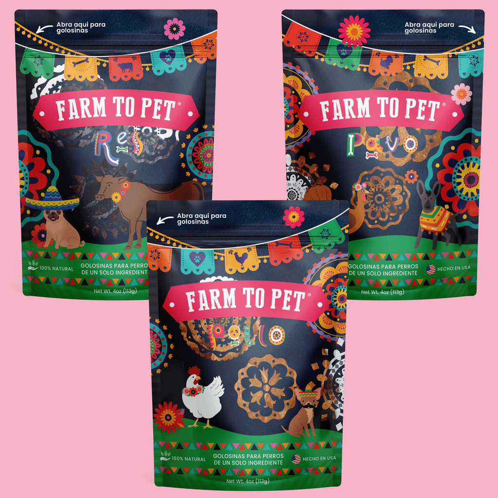 Front of the Farm to Pet Premios Para Perros Fiesta Pack, hormone-free beef, chicken and turkey dog treats