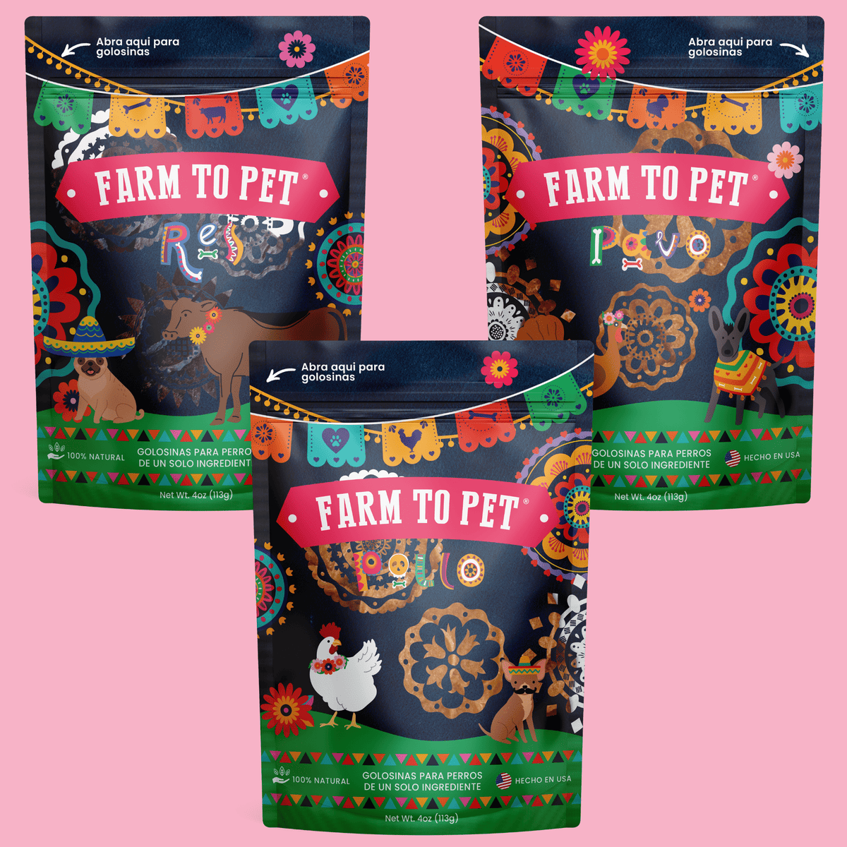 Front of the Farm to Pet Premios Para Perros Fiesta Pack, hormone-free beef, chicken and turkey dog treats