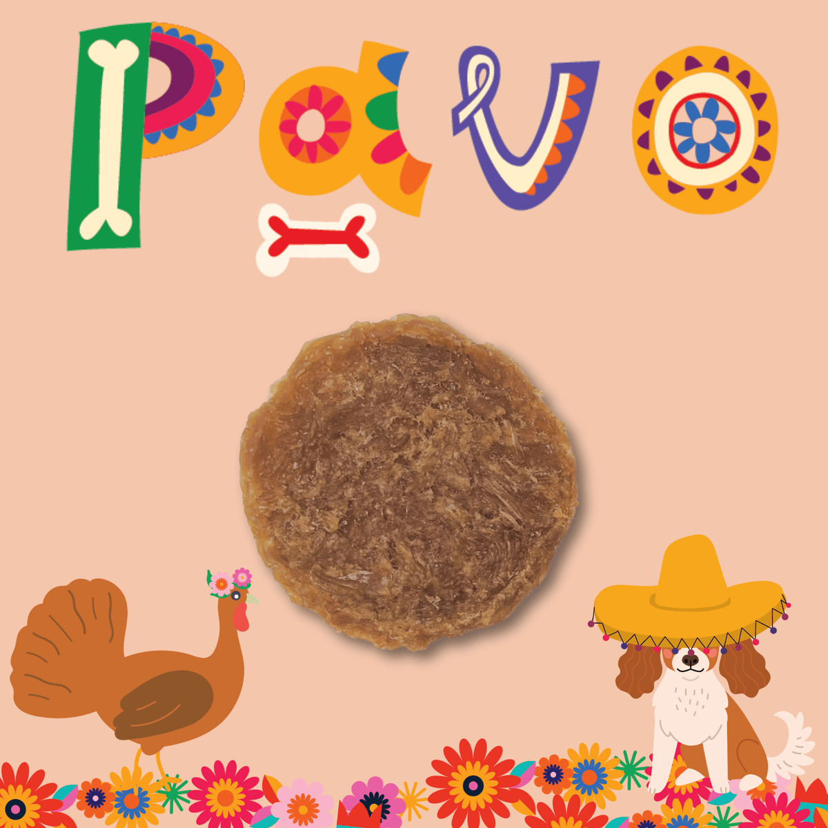 Pavo design on the Farm to Pet Fiesta Pack Turkey Chips bag, made from 100% turkey breast