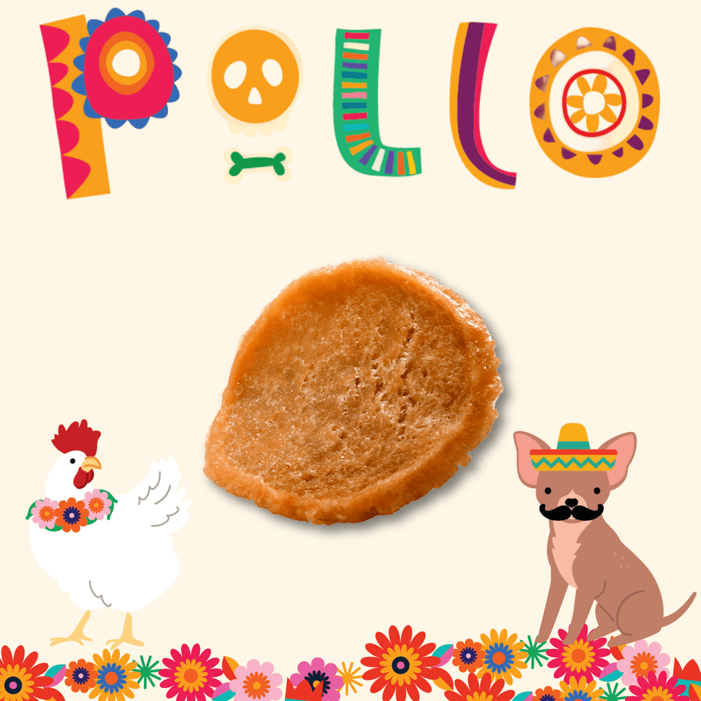 Pollo design on the Farm to Pet Fiesta Pack Chicken Chips bag, made from 100% chicken breast