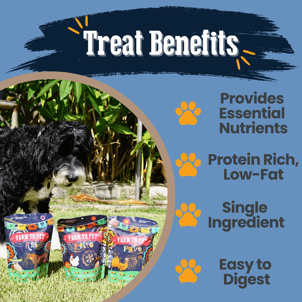 Treat benefits of the Farm to Pet Fiesta Pack chips, each made from one all-natural meat