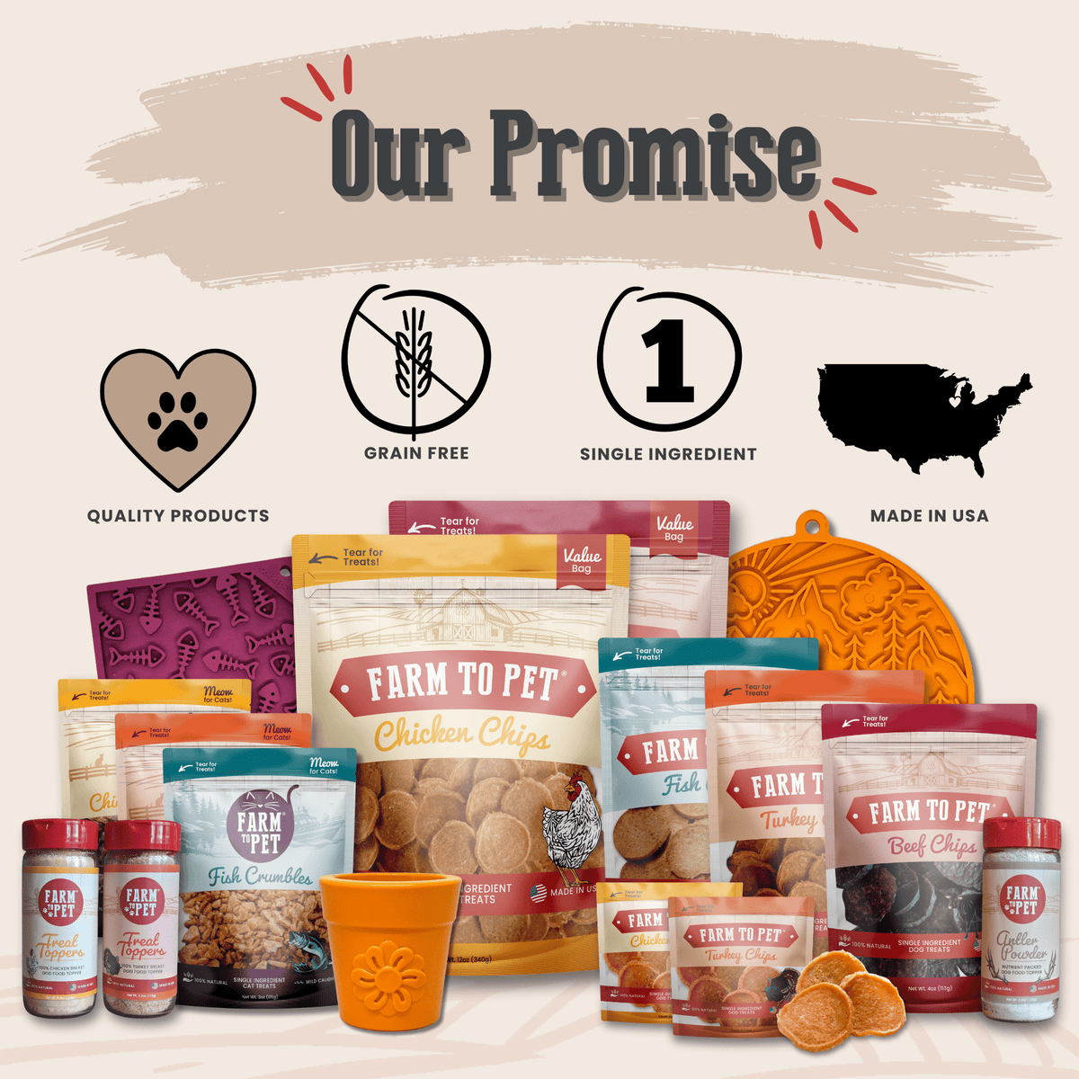 Our Promise graphic from Farm to Pet covering its dog and cat treats, toys and accessories