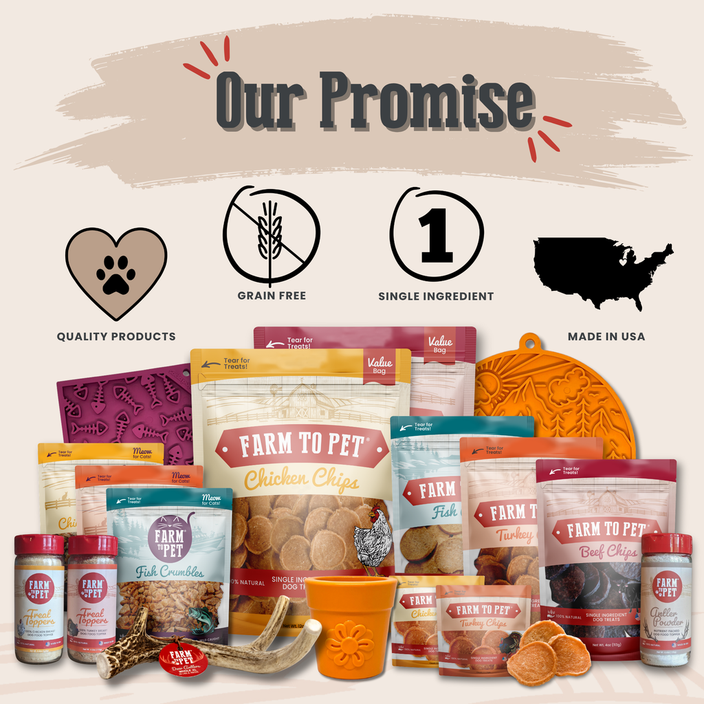 Farm to Pet Our Promise graphic for its dog toys and pet accessories, including lick sticks