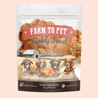 Front of the 12 oz Farm to Pet Turkey Feast Chips bag, high-protein Thanksgiving dog treats