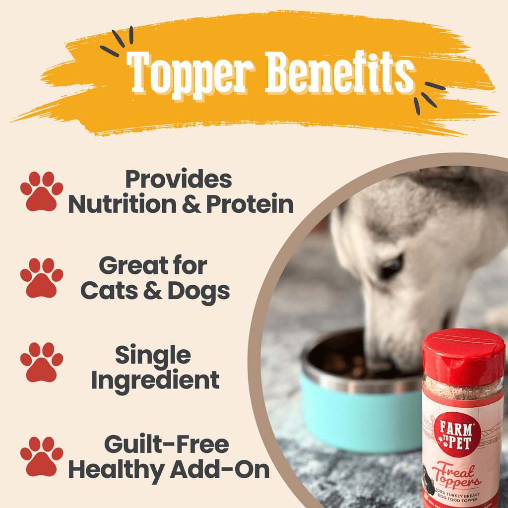 Benefits of the Farm to Pet lean turkey dog topper, 85% minimum protein from turkey breast