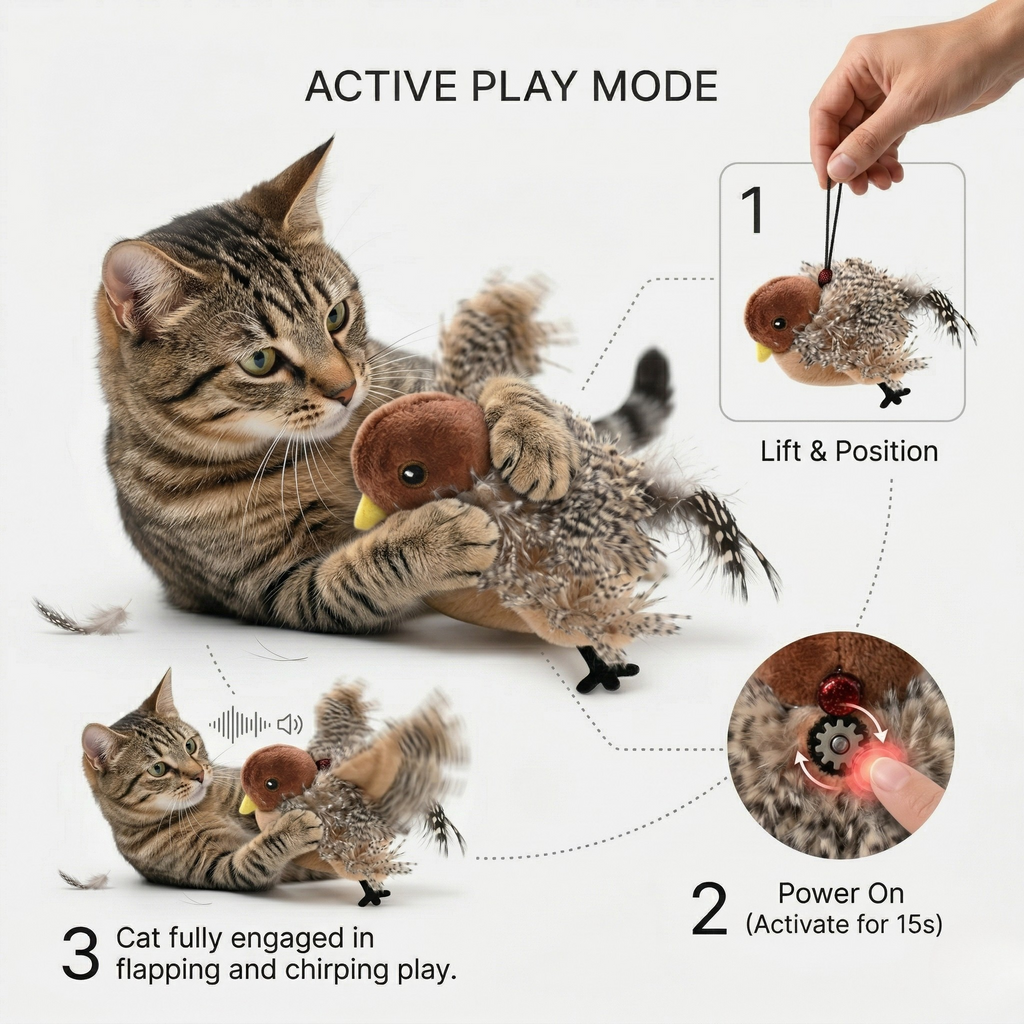 Faux fur bird toy for cats with flapping wings for hunting-style play at home