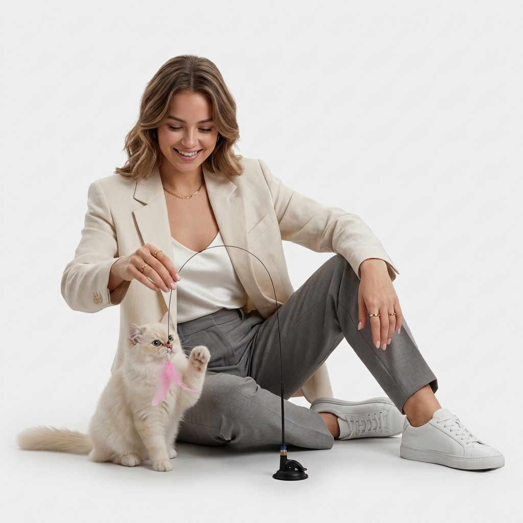 Flexible feather teaser wand for cats that creates realistic prey-like motion